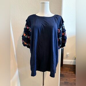 Boden Plus 100% Cotton Navy Blue Embroidered Puff 3/4 Sleeve Blouse Size 20/22